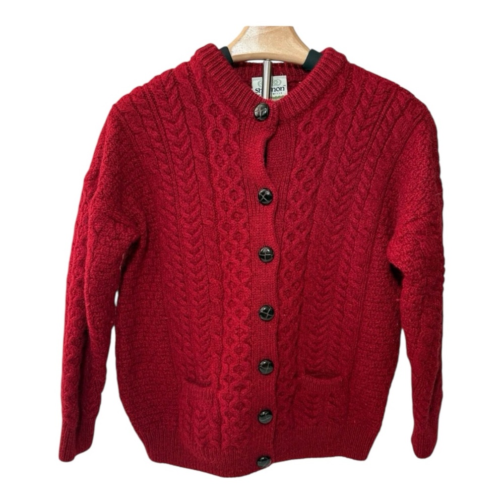 Shannon Woolen Mills Merino Wool Cardigan Ireland Red Cable Knit Sweater Kids L